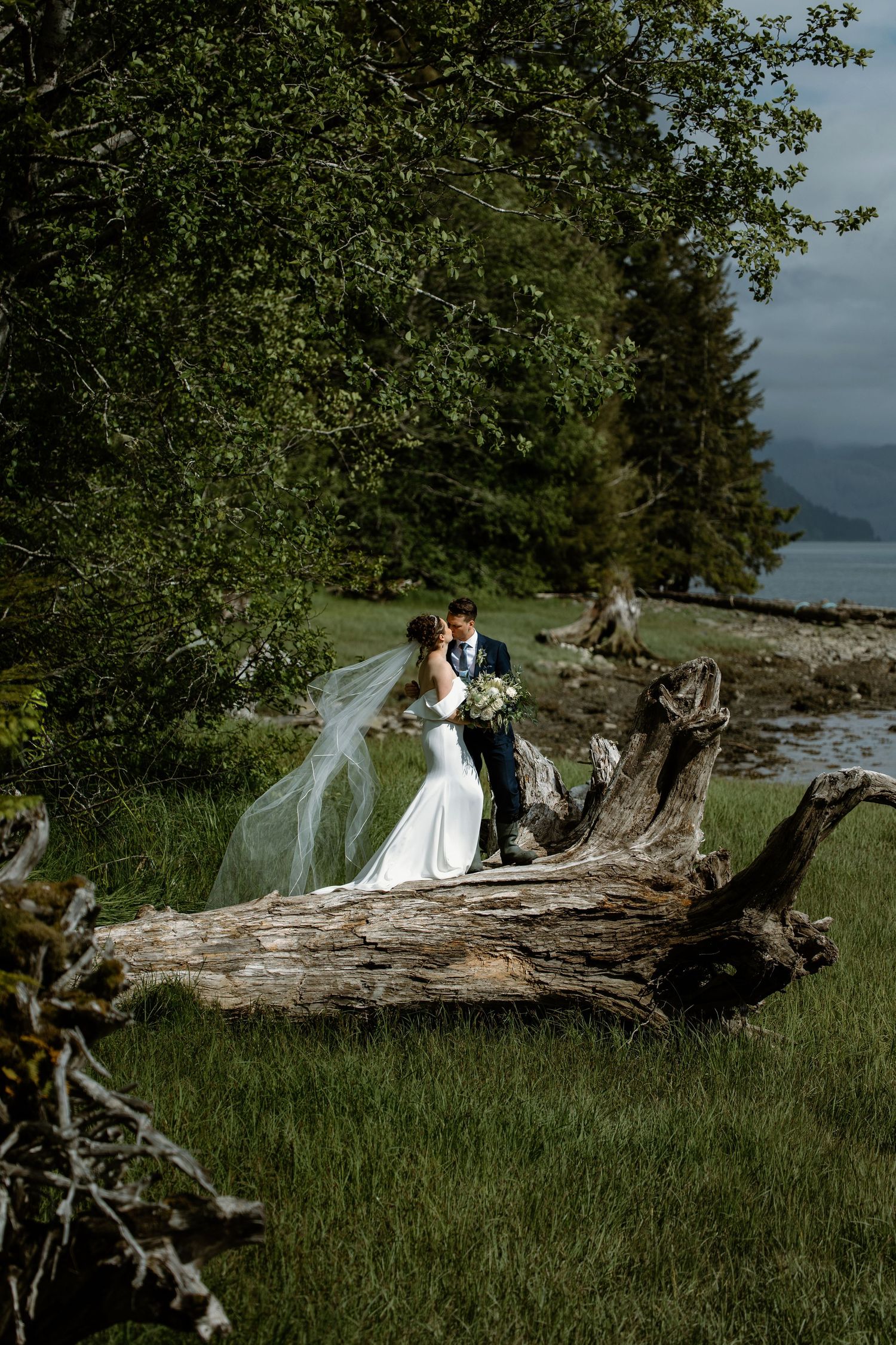 A couple poses on a fallen log by the water with evergreen trees in the background.