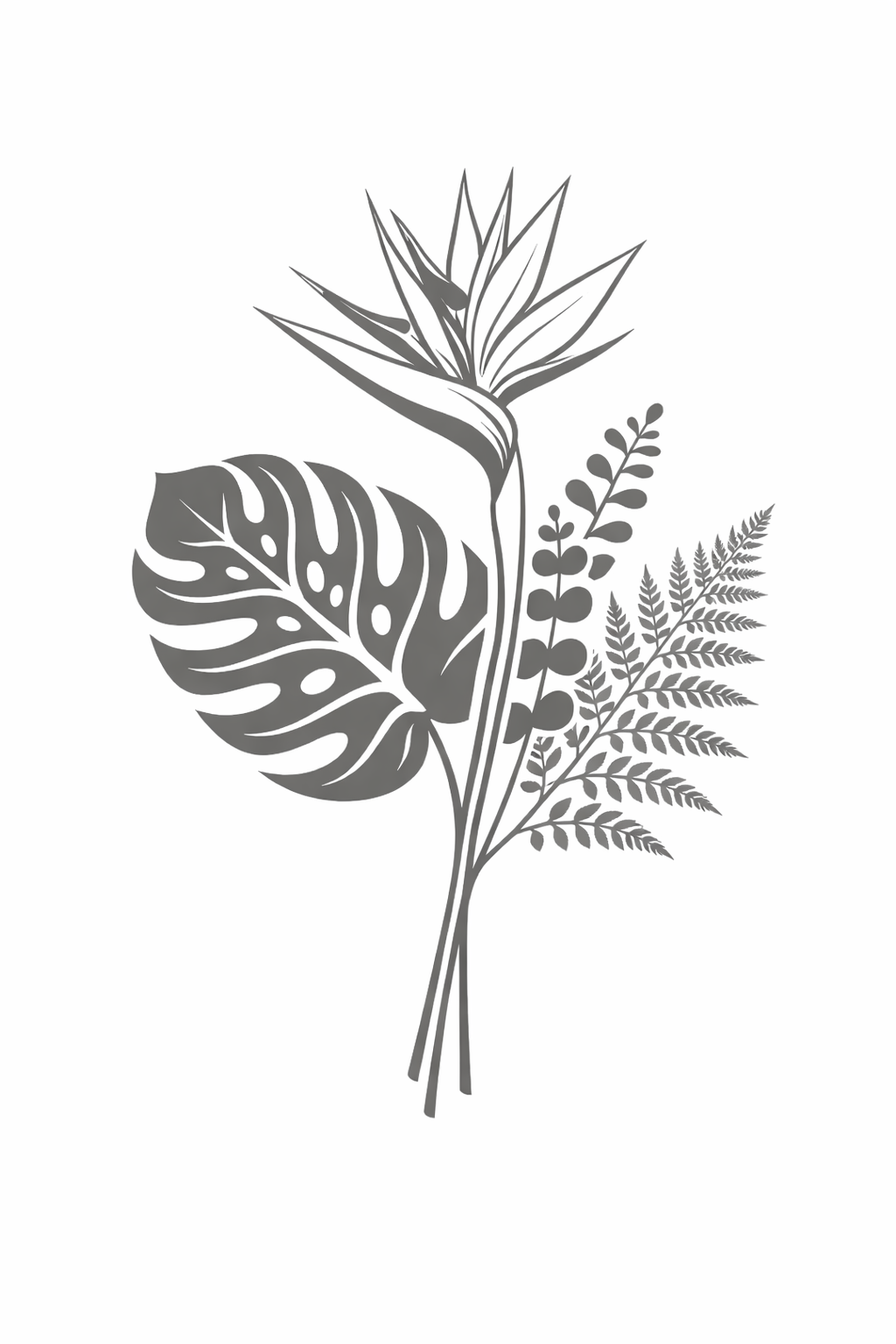 Minimalist tropical leaf designs featuring monstera, ferns, and bird of paradise plants in gray silhouette style.