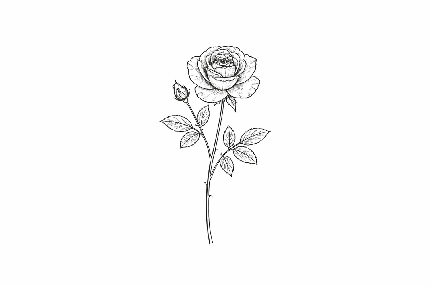 Simple line drawing of a single rose flower with stem and leaves in black and white sketch style.