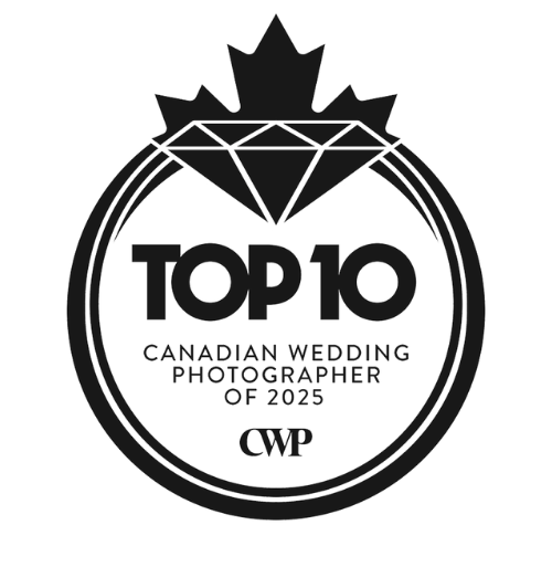 A collection of black and white award badges and certification logos for wedding photography services arranged in a row.