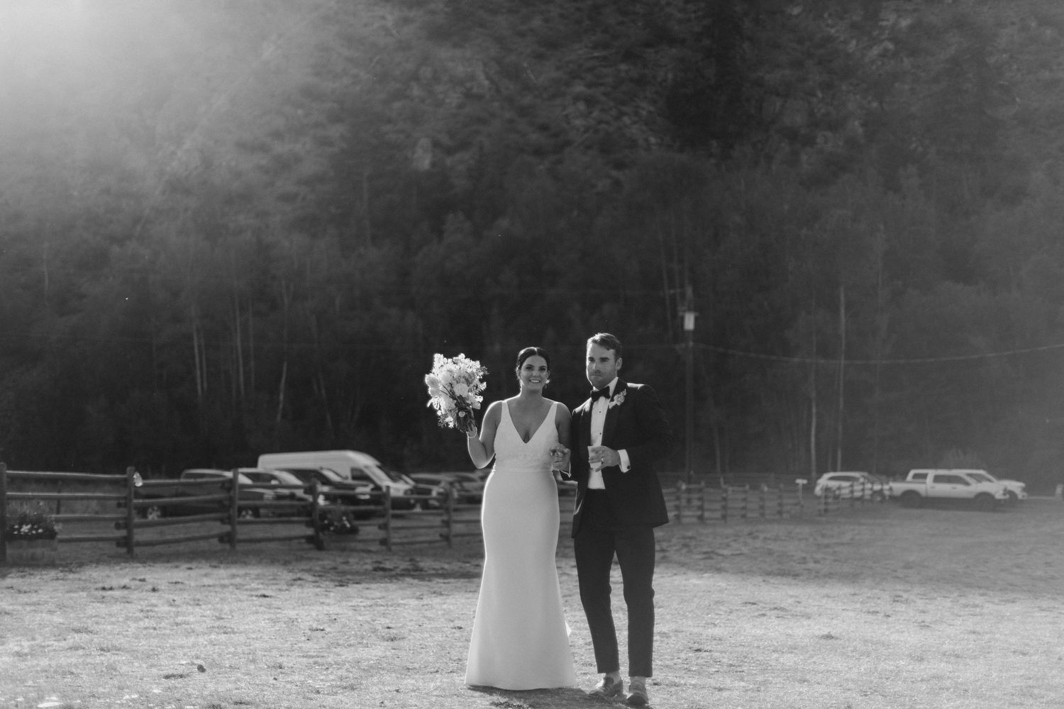 A sequence of black and white vintage wedding photographs showing outdoor ceremony moments and guests at a garden reception.
