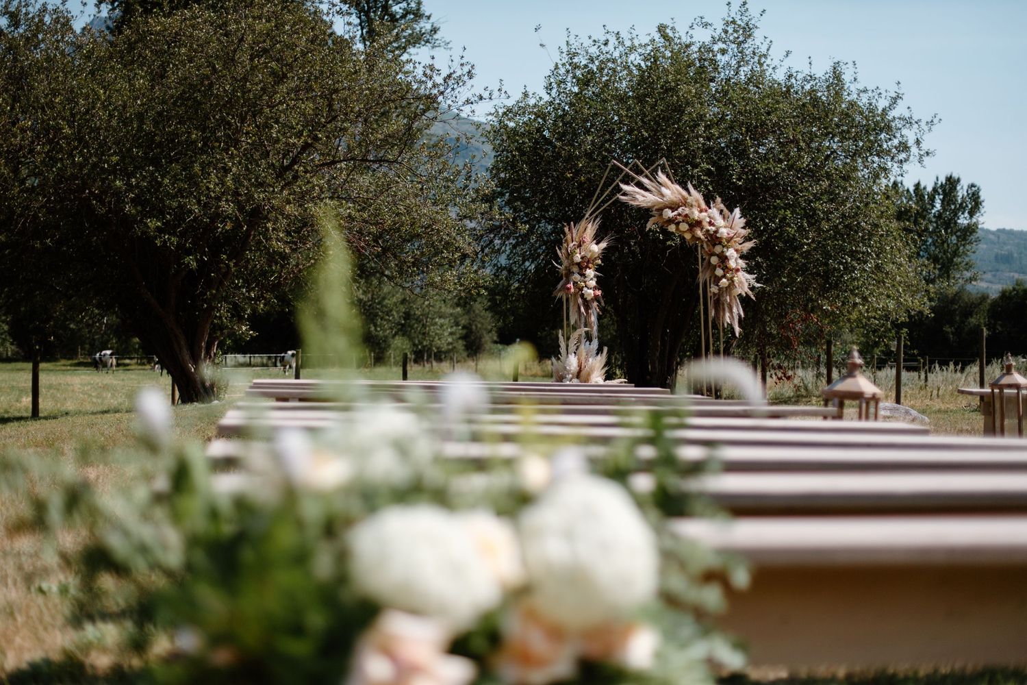 Rustic outdoor wedding ceremony venue with wooden benches and natural landscaping.