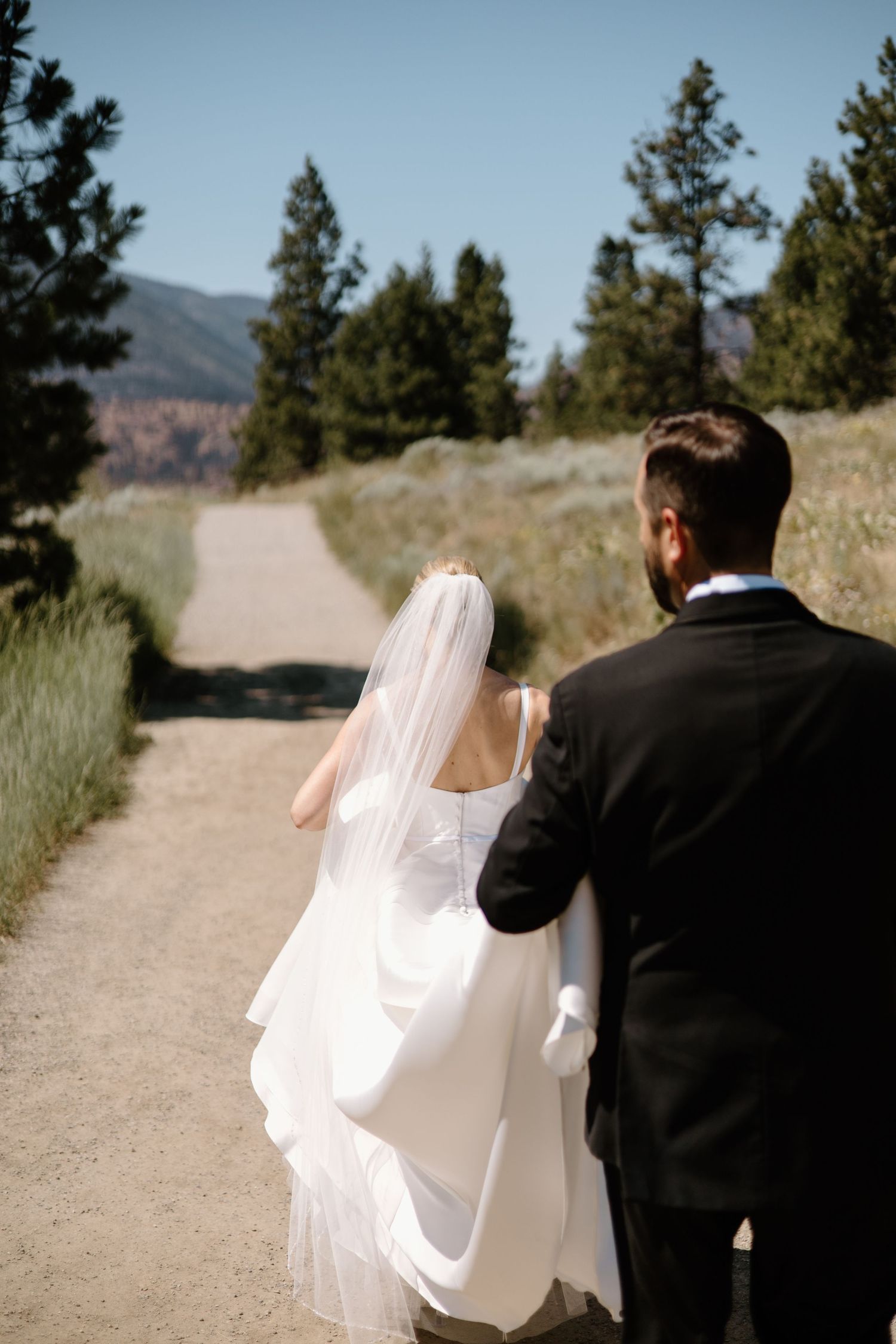 Wedding couple walking down a dirt path surrounded by pine trees and mountain views.