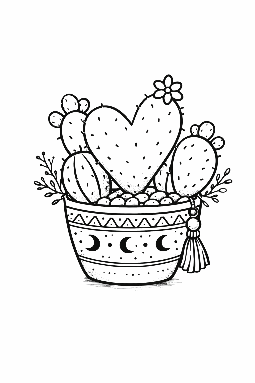 A set of six hand-drawn potted cactus and succulent doodles with decorative pots arranged in a horizontal line.