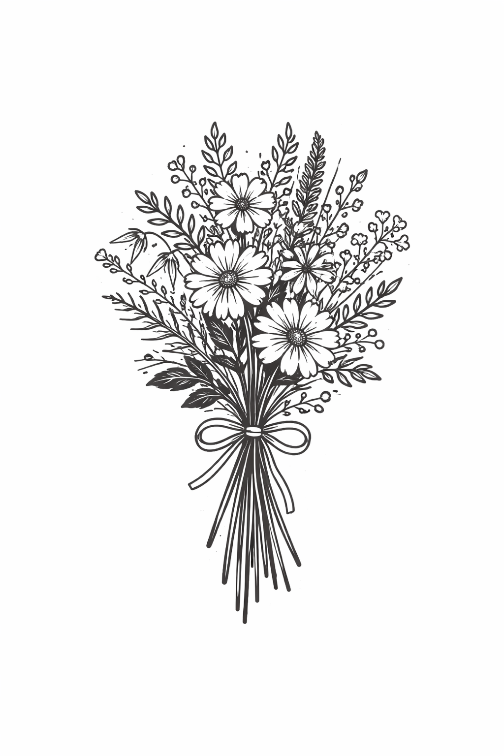 Hand-drawn black and white floral bouquet sketch with daisies, wheat stalks and delicate leaves tied with a bow.