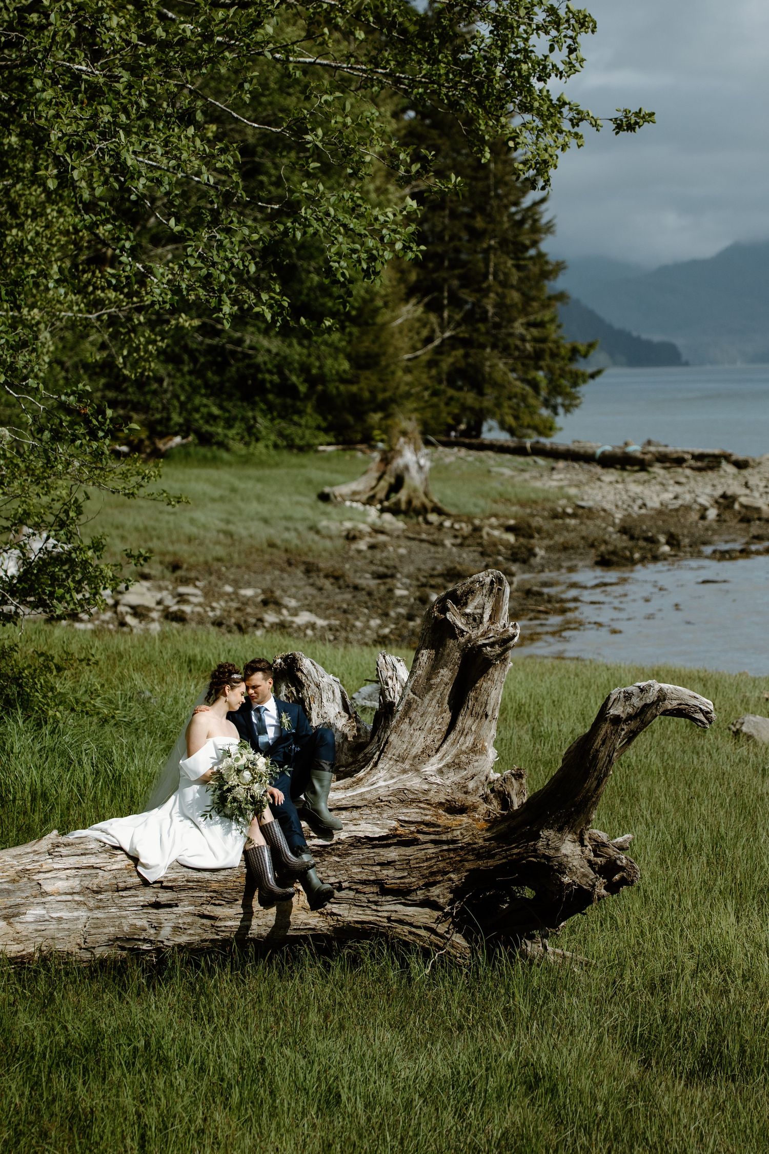 A wedding couple sits on a fallen log by a scenic mountain lake surrounded by evergreen trees.