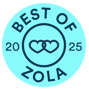Best of Zola 2025 award badge with interlinked hearts on a light blue circular seal.