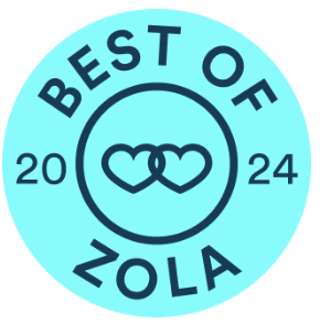 Best of Zola 2024 badge, a circular award emblem with interlinked hearts, recognizing top wedding vendors.