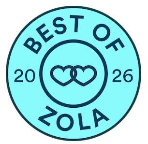Best of Zola 2026 award badge, a teal circular seal with two interlinked hearts and bold navy text.