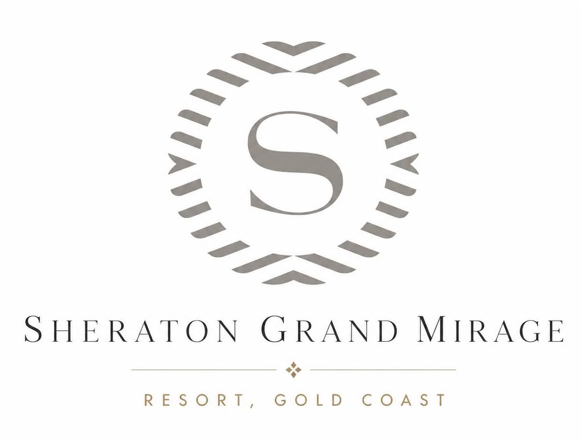 Sheraton Grand Mirage Resort Gold Coast grey circular emblem logo with elegant serif font.