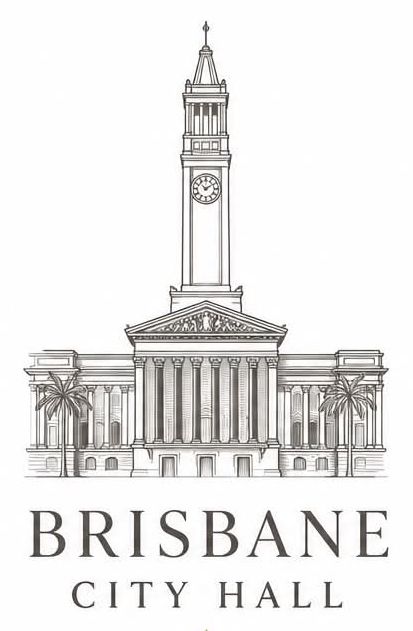 Line drawing logo of Brisbane City Hall featuring its iconic clock tower and classical columns with palm trees.