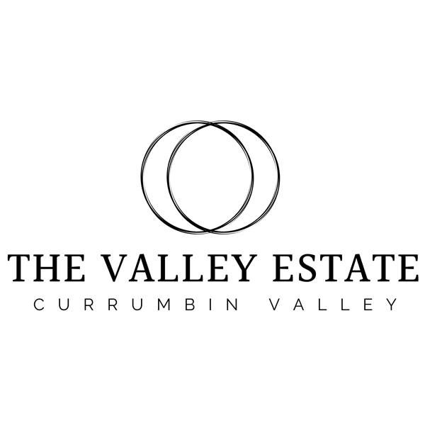The Valley Estate Currumbin Valley logo with minimalist overlapping circle design in black.