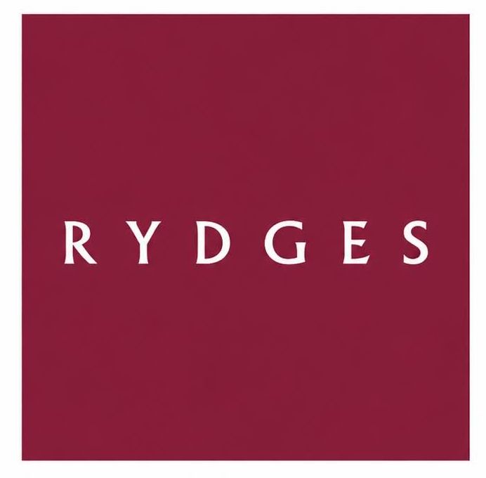 Rydges hotel brand logo in white serif lettering centered on a deep crimson background.