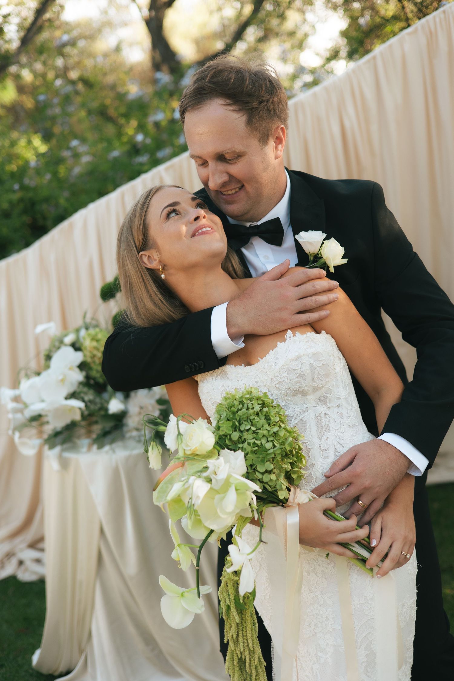 Outdoor wedding ceremony Romantic wedding portrait of a newly married couple surrounded by the natural beauty of the Karoo in South Africa.