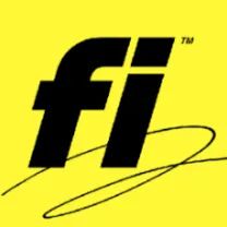 Bold black 'fi' logo on bright yellow background with trademark symbol and stylized signature.