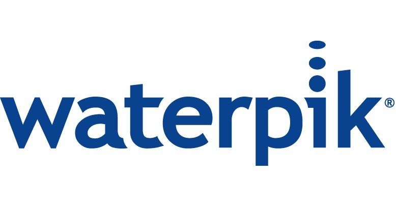 Waterpik brand logo in bold blue text with decorative dots above the letter i on a white background.