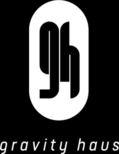 Gravity Haus logo featuring stylized gh monogram in white on black background with modern typography.