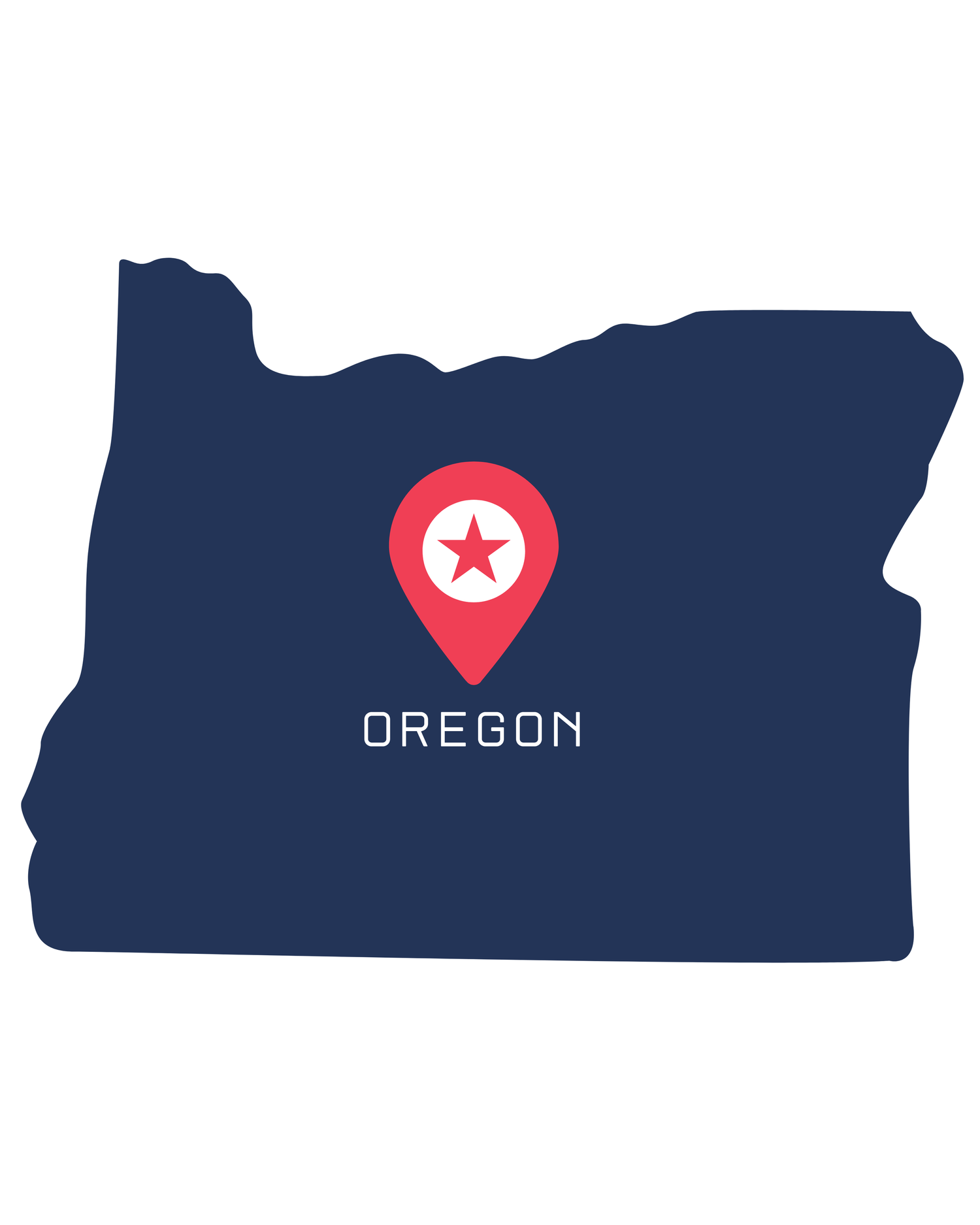 Navy blue silhouette map of Oregon state with a red location pin marker and white text label.