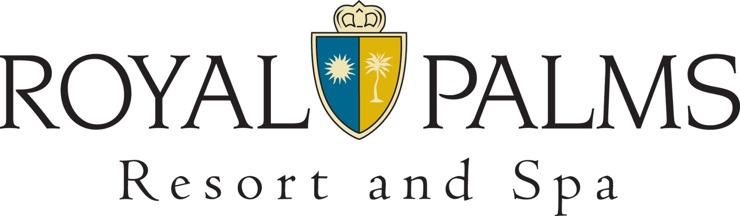 Royal Palms Resort and Spa logo featuring a gold and blue crest with a palm star emblem and elegant serif typography.