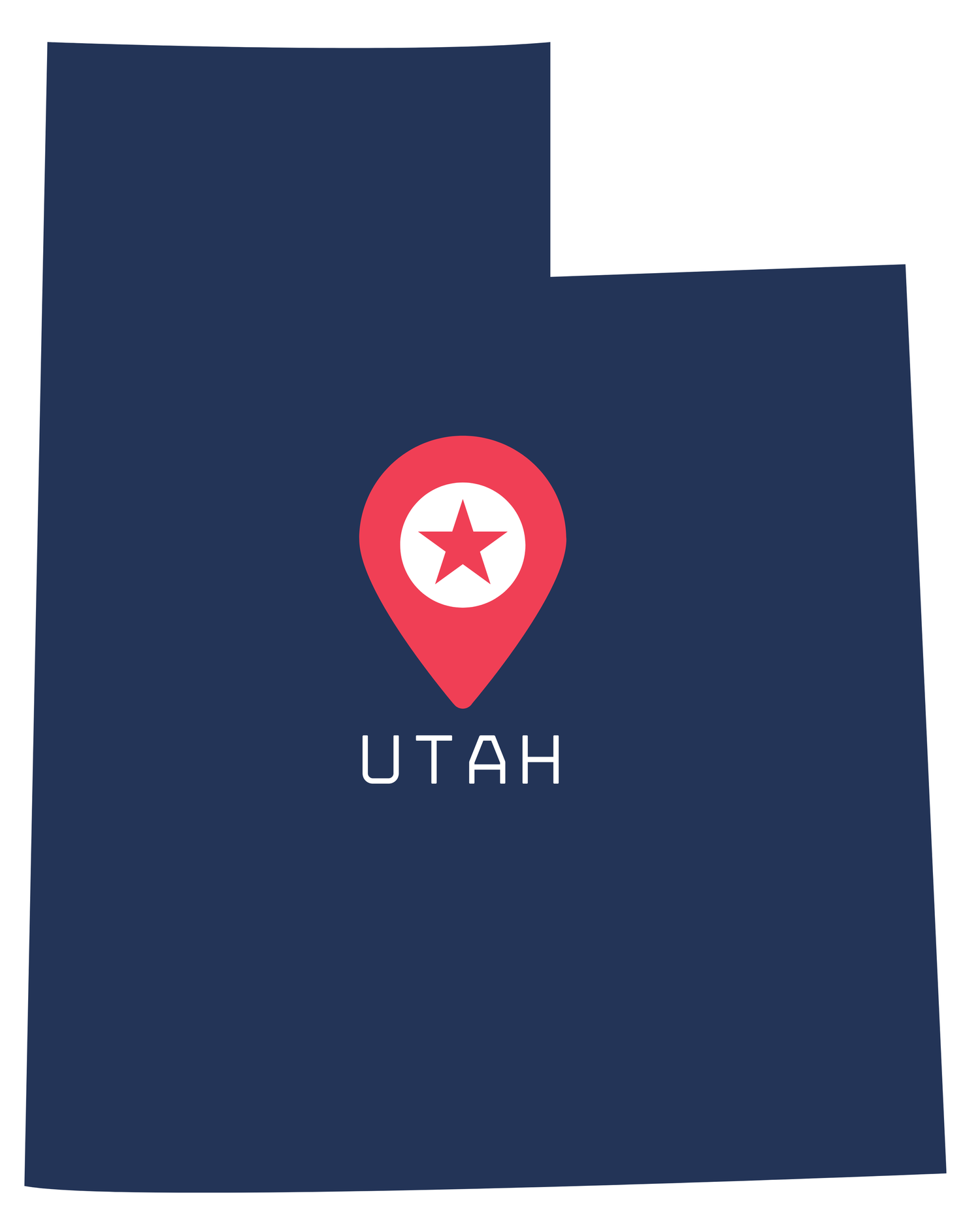Dark blue silhouette map of Utah state with a red location pin icon and white star in the center.