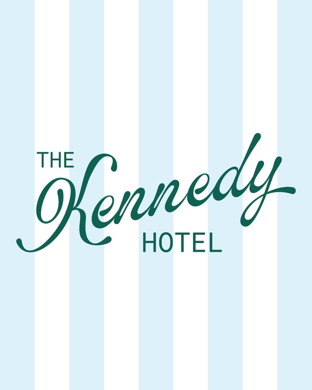 The Kennedy Hotel logo featuring elegant green script on a light blue and white striped background.