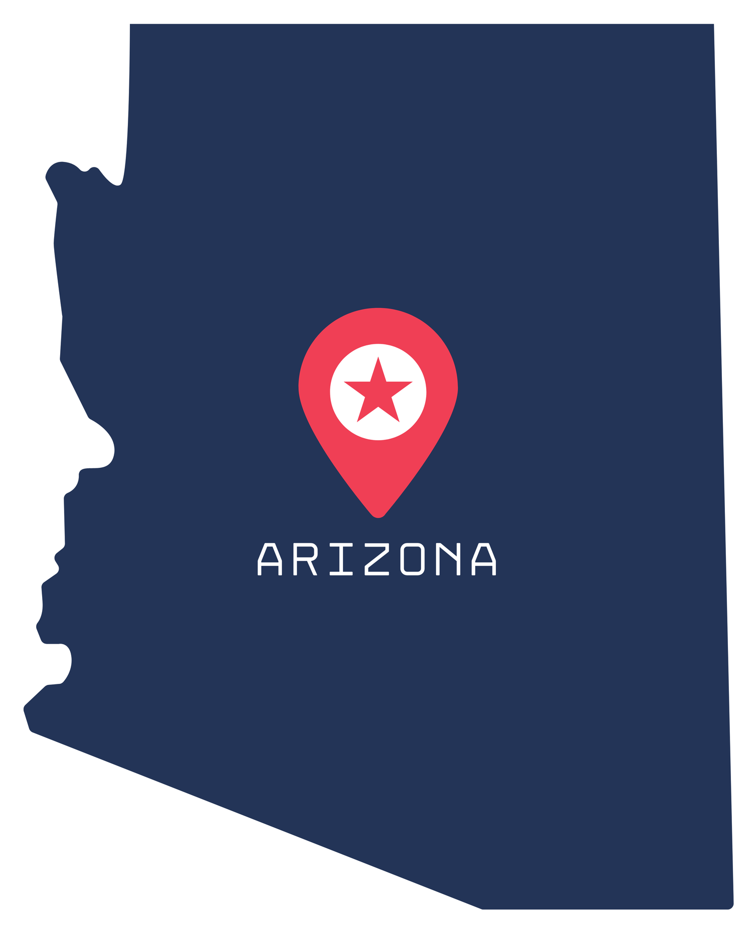Dark blue map of Arizona with a red location pin marker and star icon indicating the state capital.