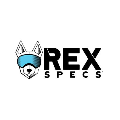 Rex Specs logo featuring a dog wearing blue goggles with bold black text on a white background.