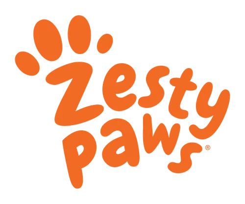 Zesty Paws orange logo featuring a playful paw print and bold cursive text on a white background.