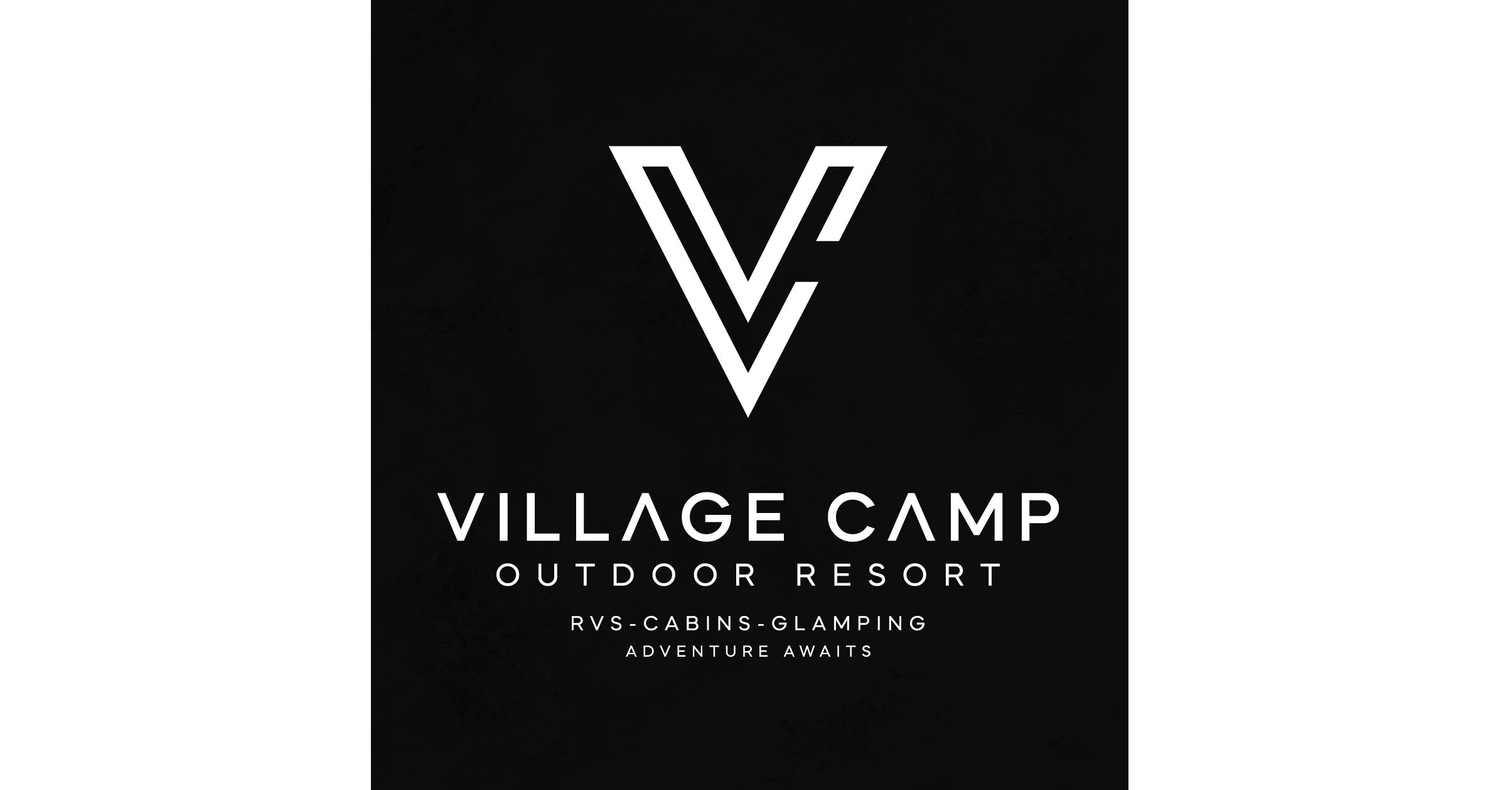 Village Camp Outdoor Resort logo featuring a geometric V emblem on black background for RV, cabin, and glamping adventures.