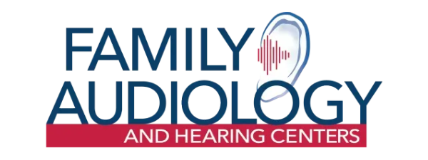 Family Audiology and Hearing Centers logo with blue and red text and sound wave icon.