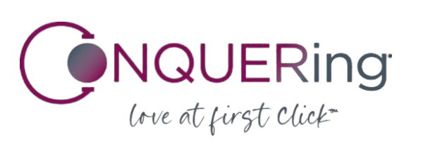 Text logo for CONQUERing with tagline 'Love at First Click' in dark colors.
