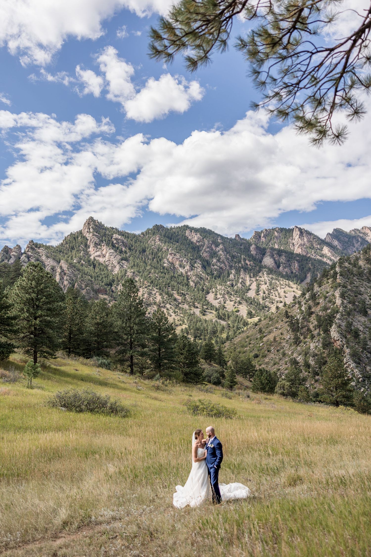 A couple stands together in a meadow with majestic Rocky Mountains and pine trees rising behind them under blue skies.
