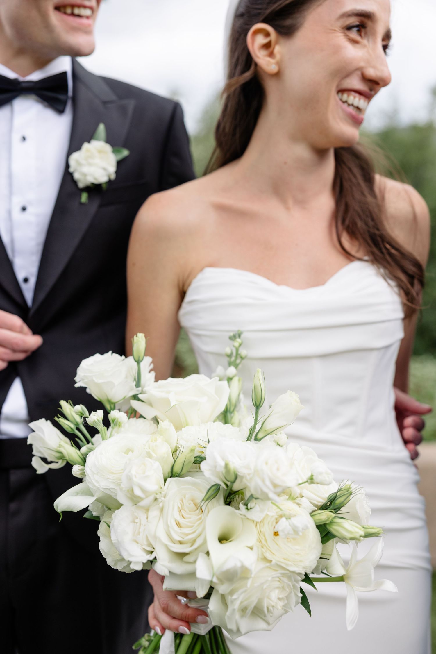 A series of elegant wedding photos showing a white bridal bouquet and formal attire at an outdoor celebration.