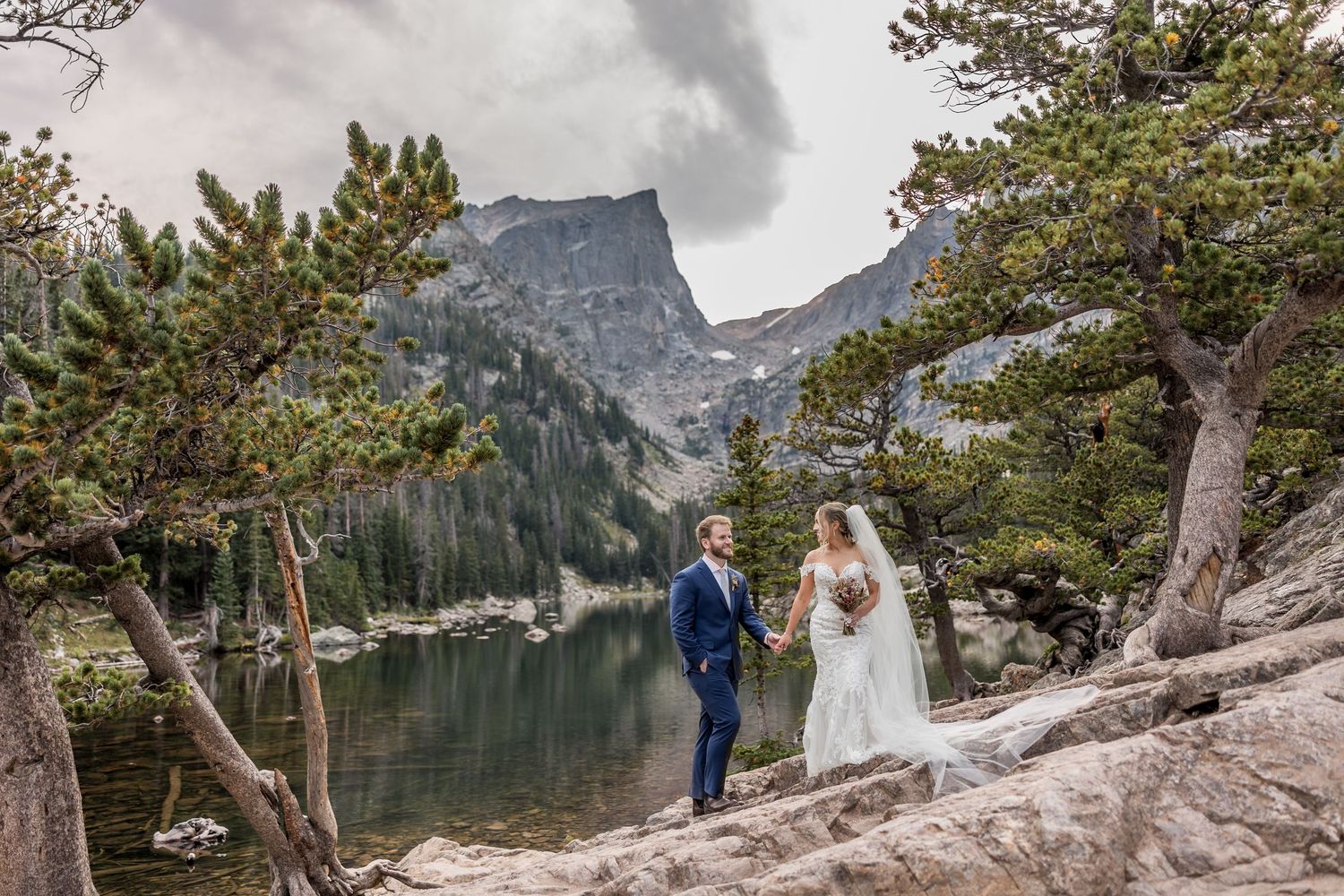 Colorado Elopement Photographer captures a couple at Dream Lake in Rocky Mountain National Park.