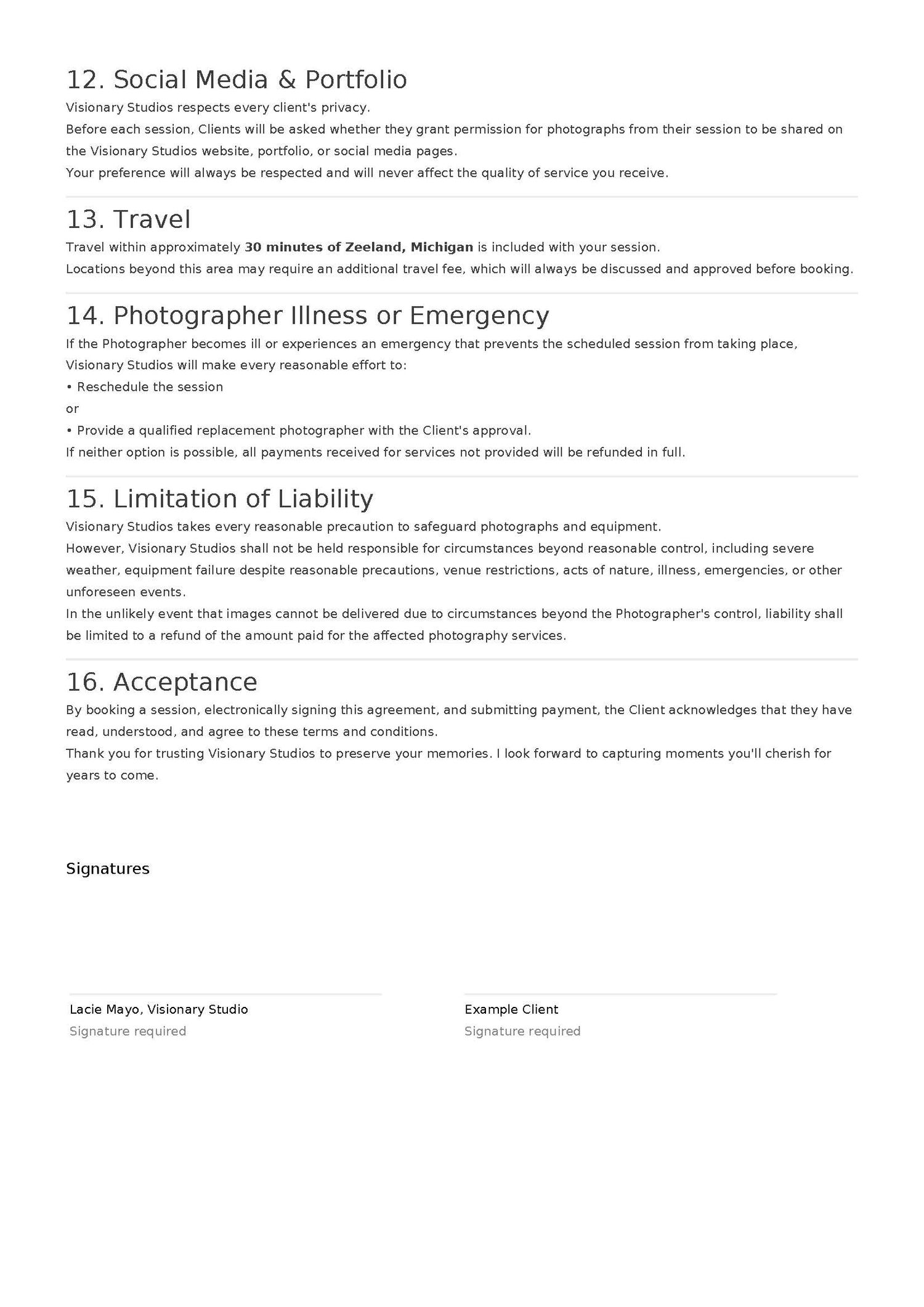 Photography service contract document outlining social media policy, travel, illness, liability, and acceptance terms with signature lines.
