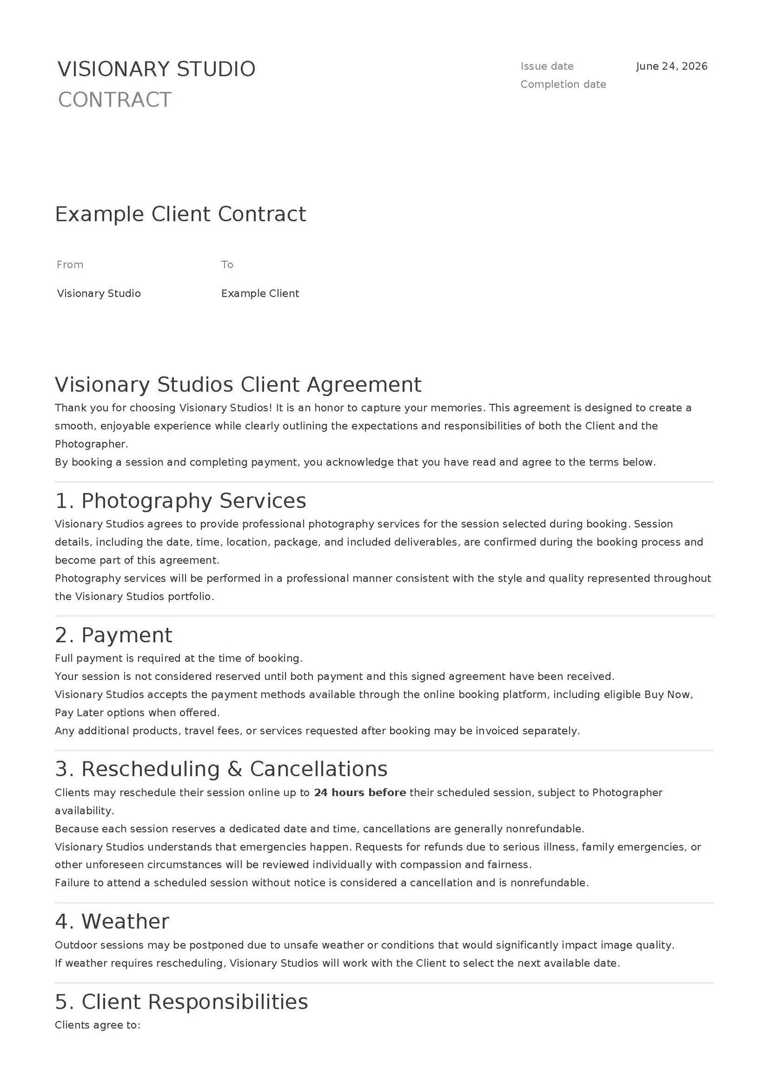 A professional Visionary Studios photography contract document outlining payment, rescheduling, and client responsibility terms.