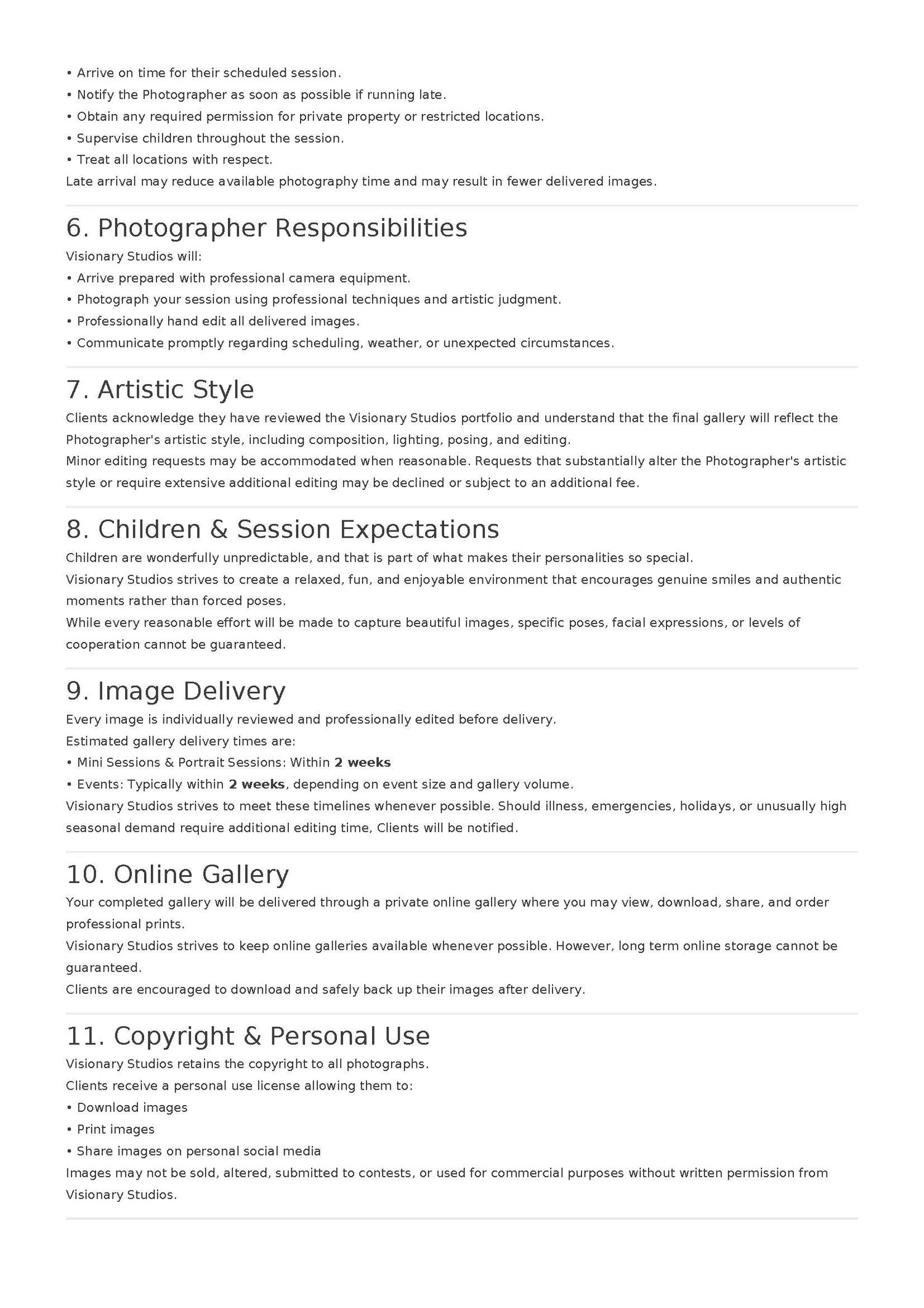 Photography studio client contract document outlining photographer responsibilities, artistic style, and copyright policies.