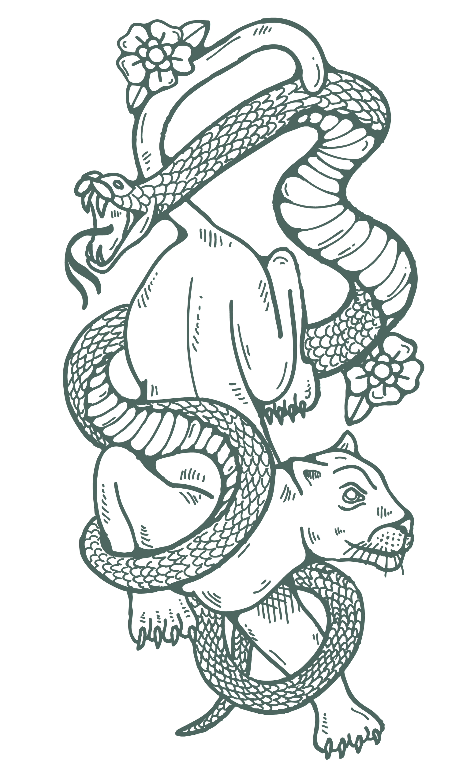 Green ink tattoo flash design of snake coiled around panther with floral accents on white background.