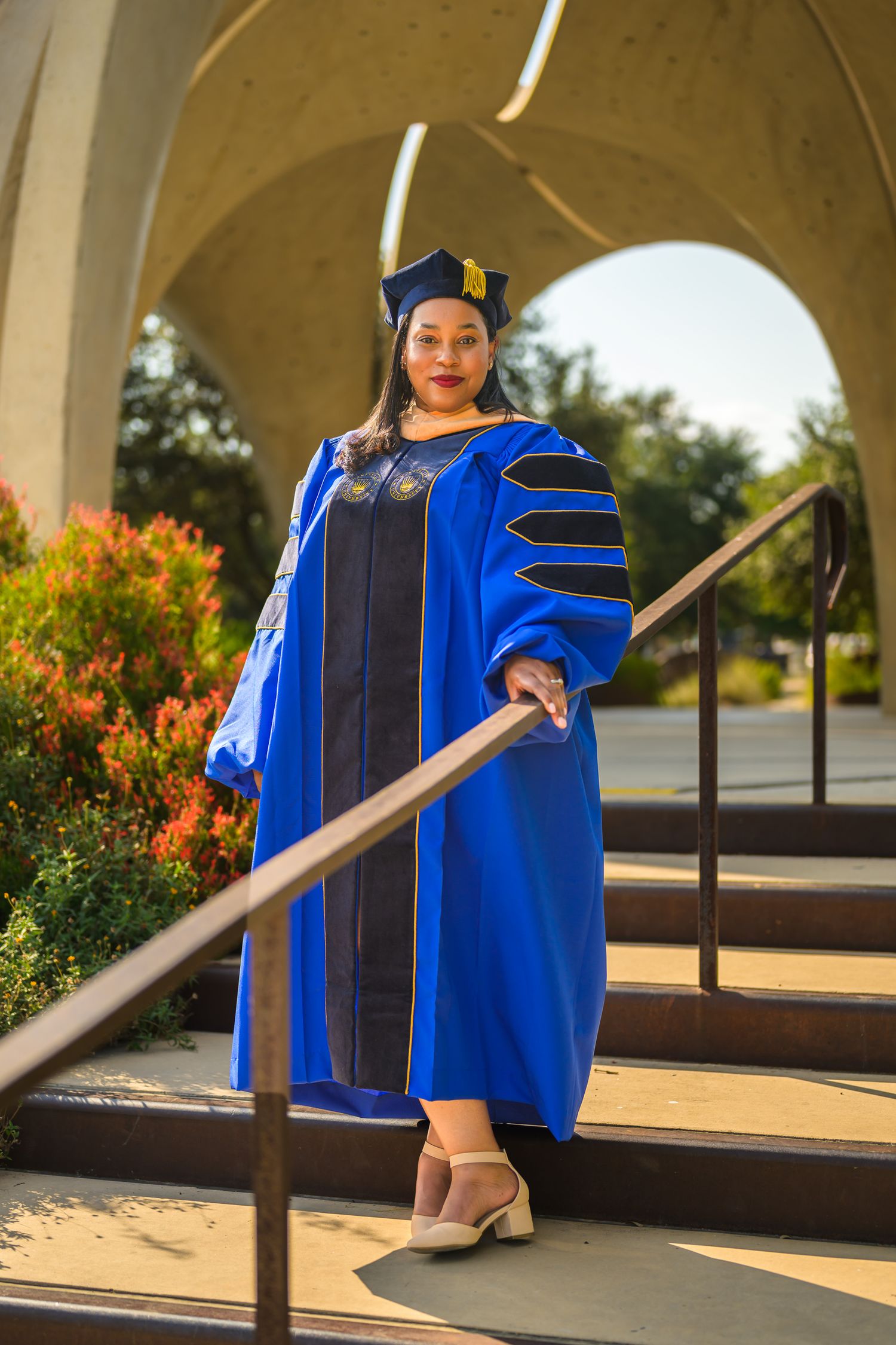 Chamberlain University DNP graduation portrait in at Confluence Park in San Antonio, Texas