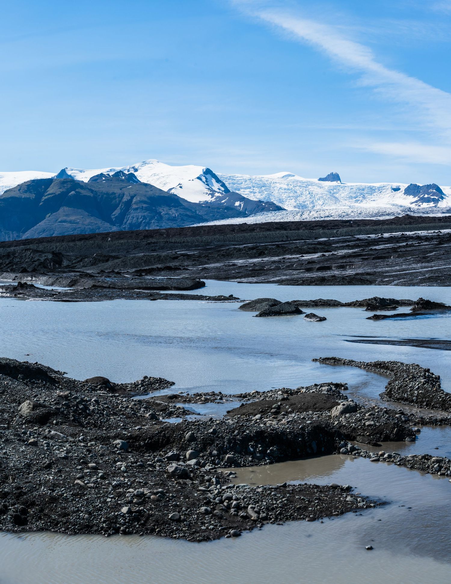 Rocky glacial landscape with snow-capped mountains and meltwater pools under a blue sky in Iceland.