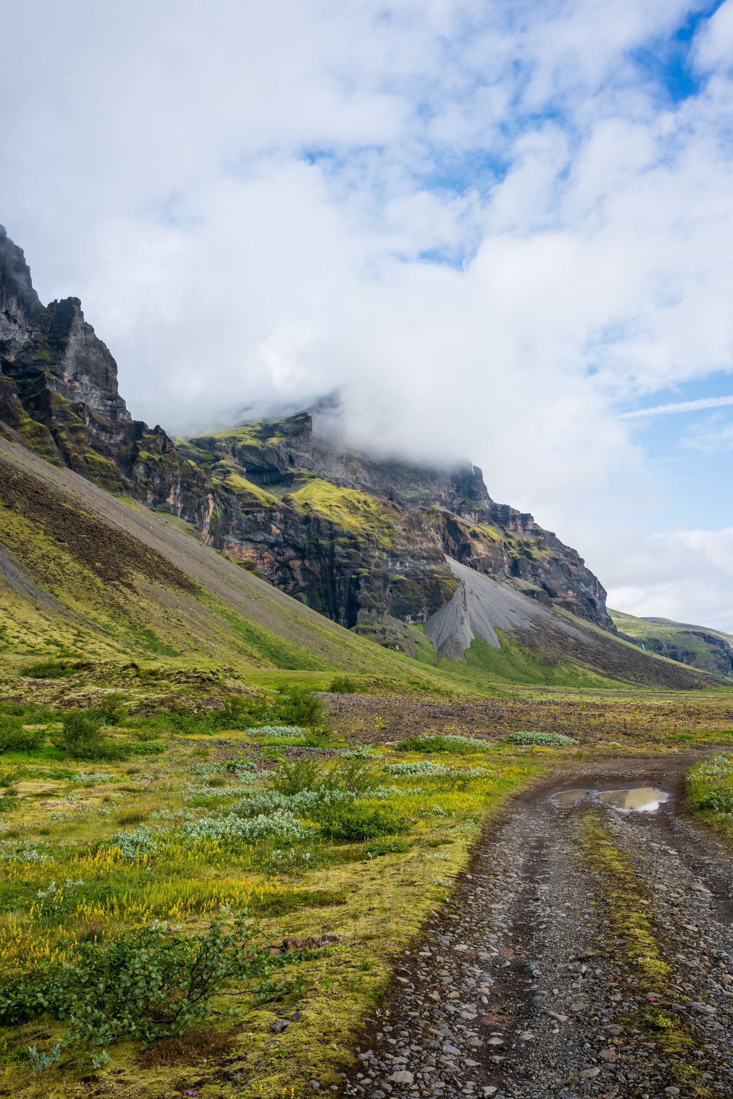 Gravel road leading toward dramatic moss-covered rocky mountains under cloudy sky in Iceland.