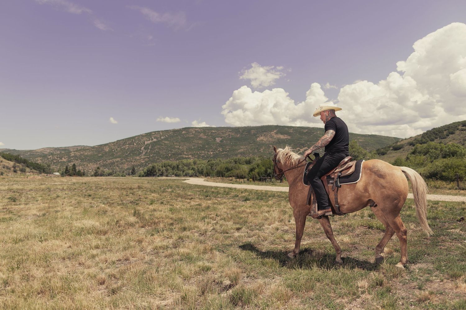 Cowboy riding a palomino horse across an open field with rolling hills and cloudy sky.