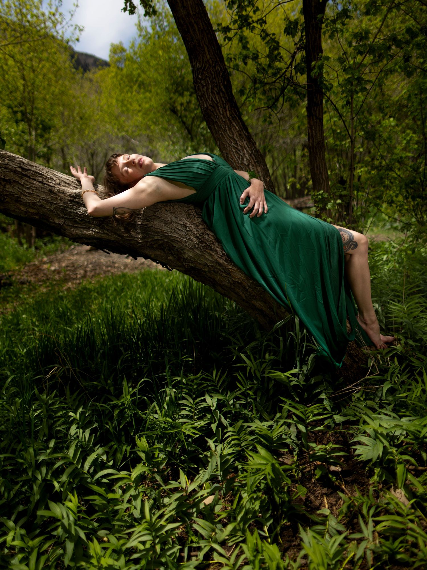 Woman in emerald green dress draping over a fallen tree in a lush forest setting.
