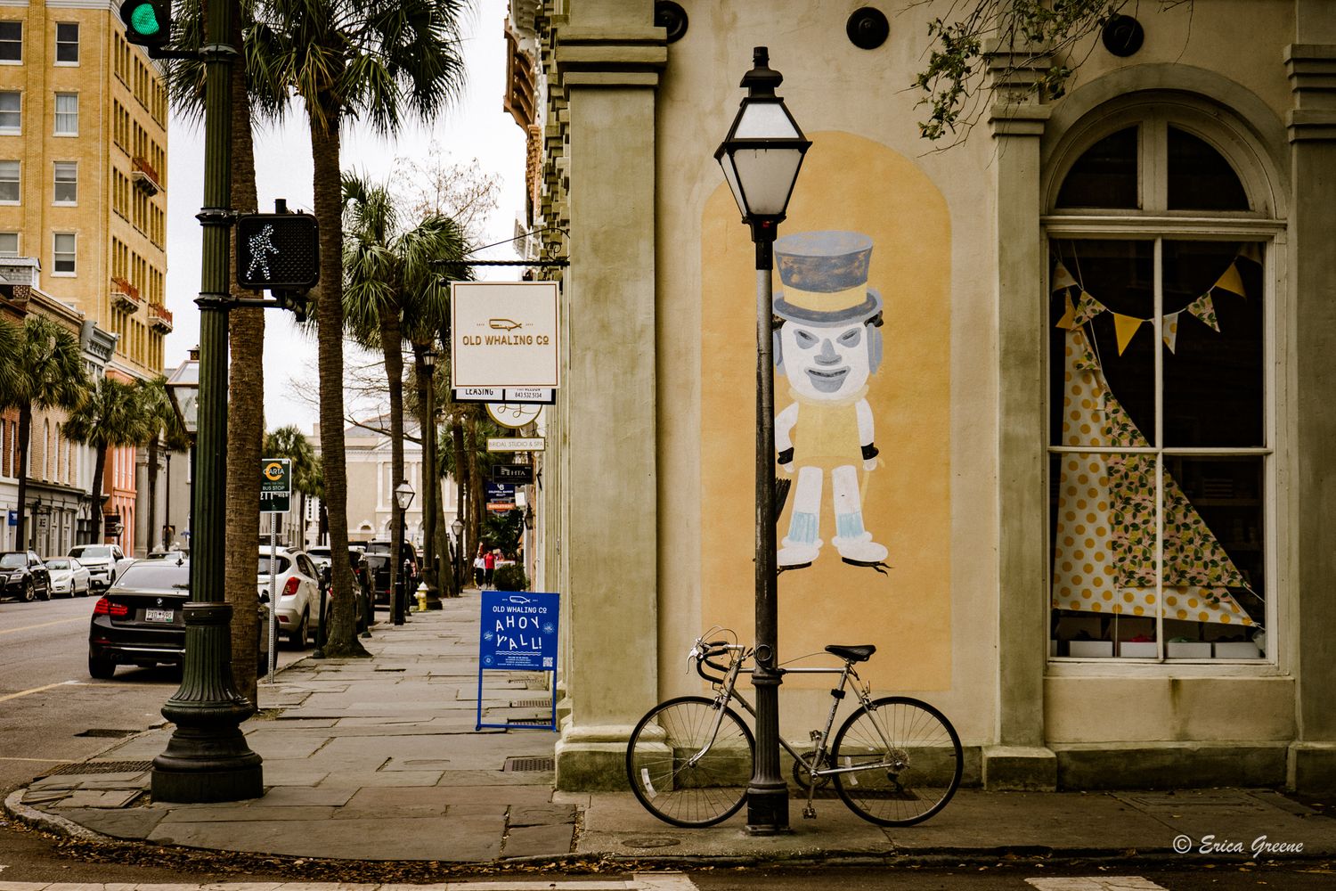 street scene mural bicycle lamp post palm trees downtown Charleston South Carolina urban fine art print