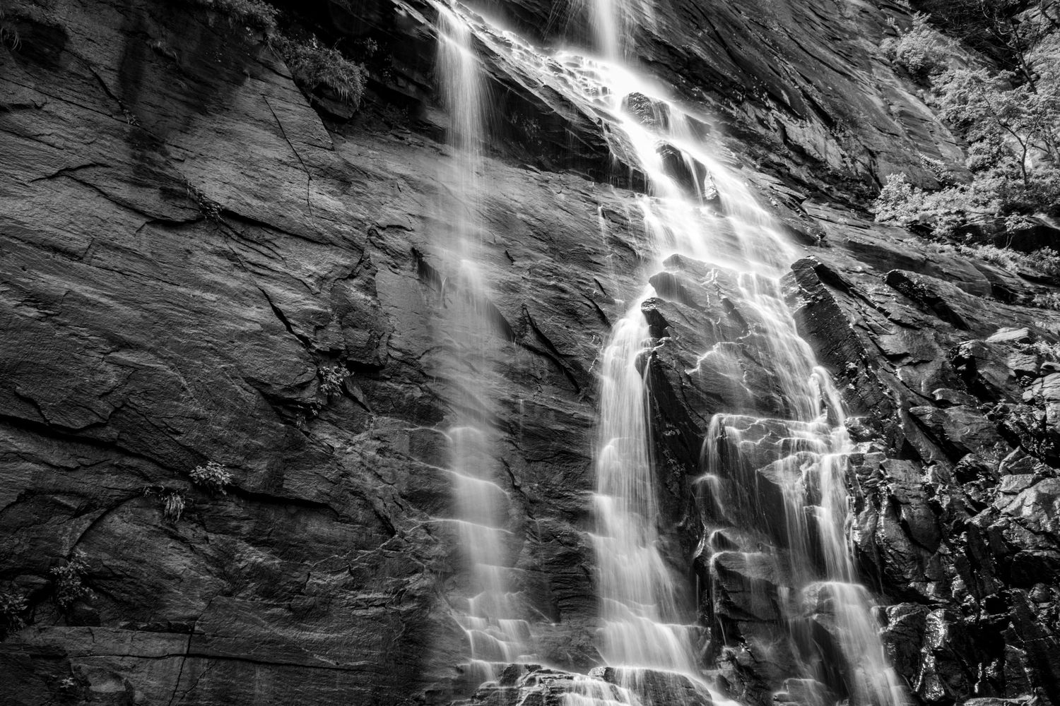 black and white waterfall cascading rocky cliff face Chimney Rock State Park North Carolina long exposure fine art print