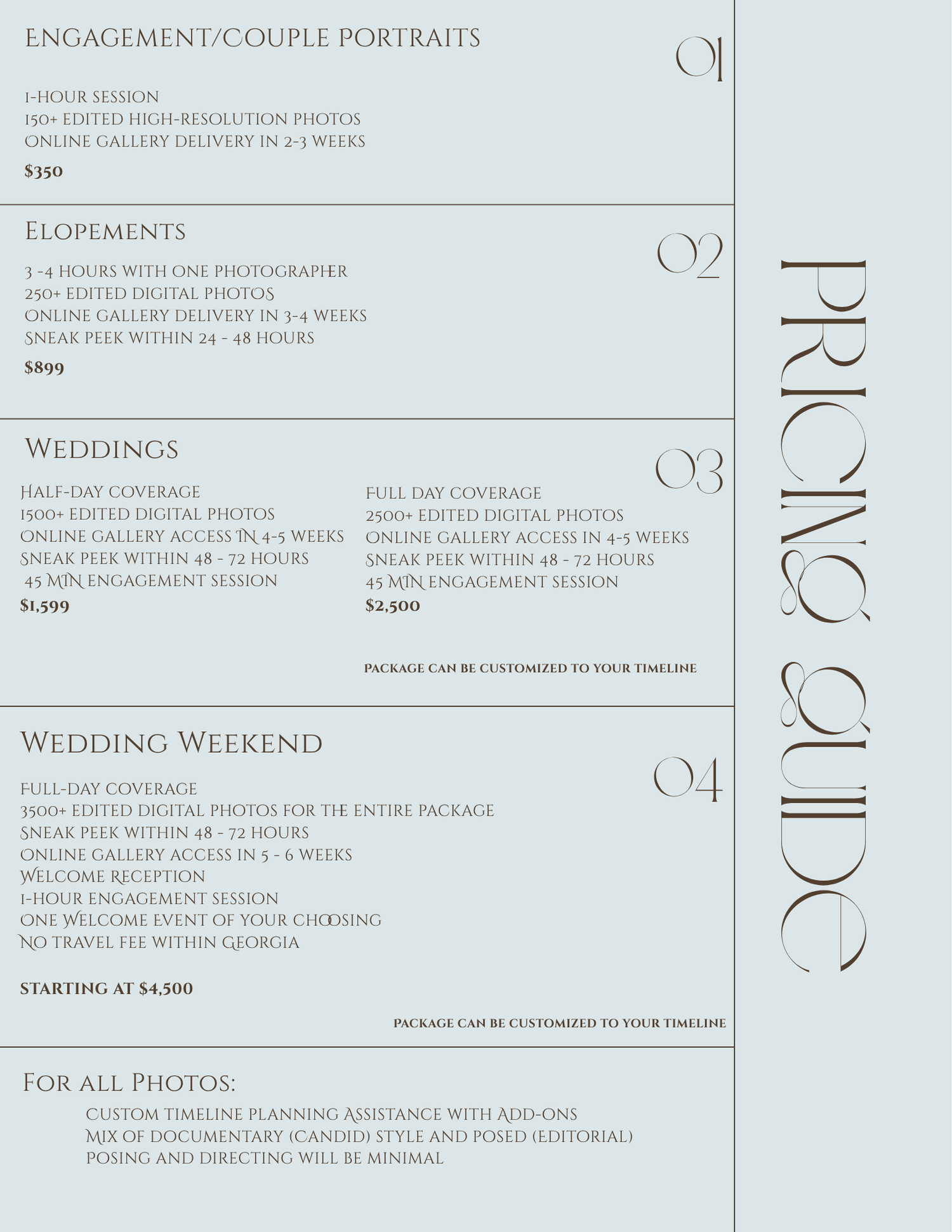 Wedding photography pricing guide listing engagement, elopement, wedding, and wedding weekend packages starting at $350.