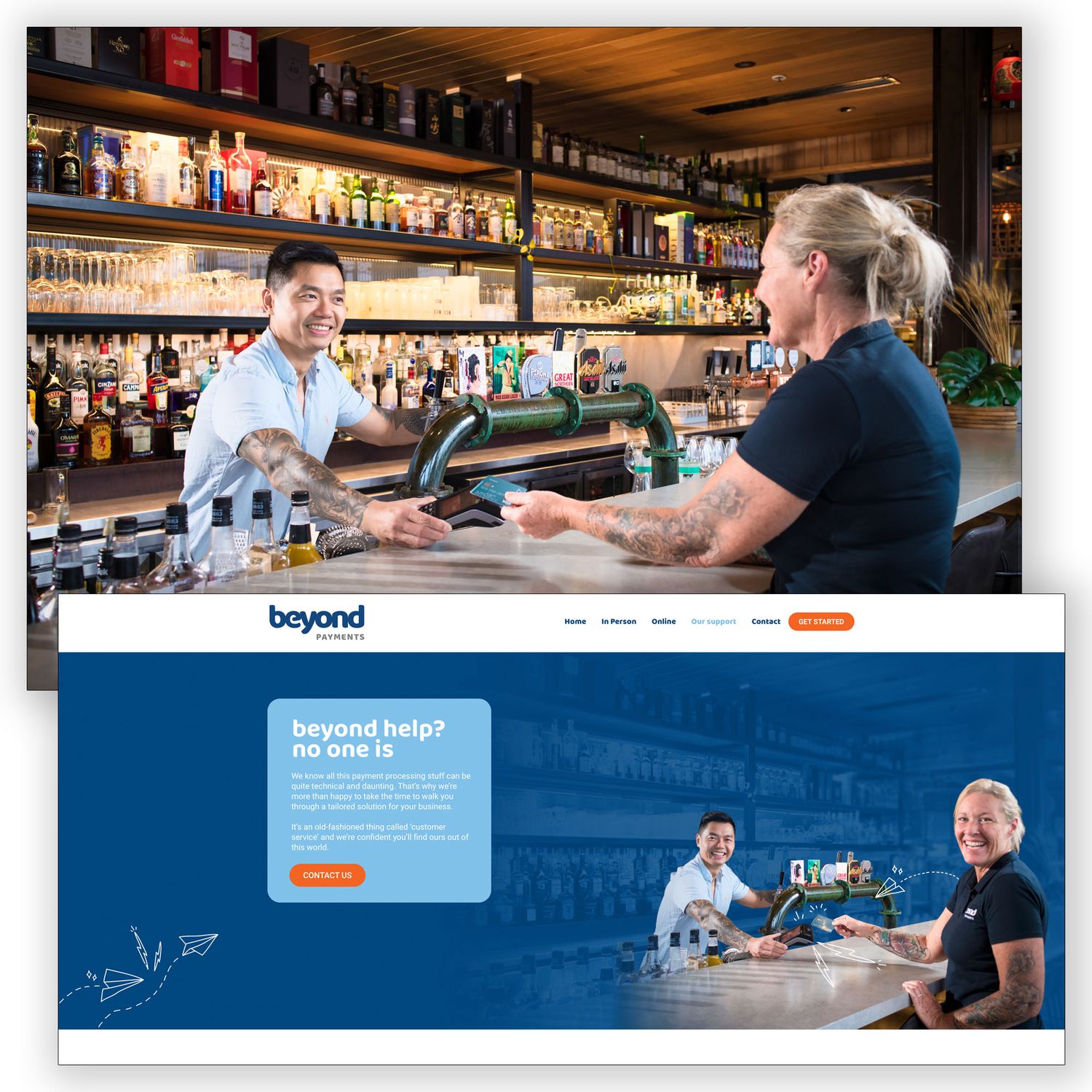 Bartender assists a customer at a well-stocked bar featured in Beyond payment solutions website.