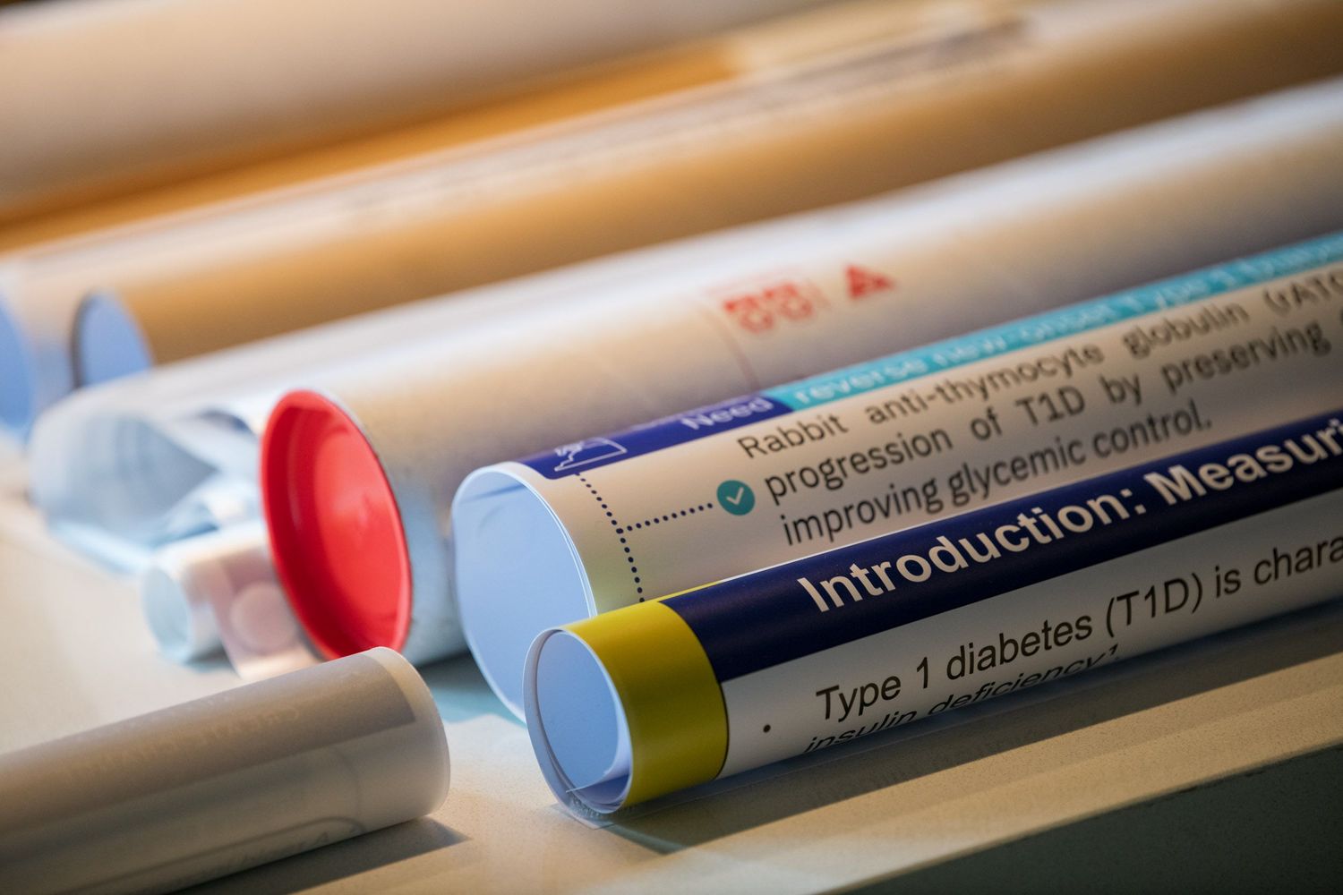 Close-up of rolled research poster tubes with Type 1 diabetes study text visible.