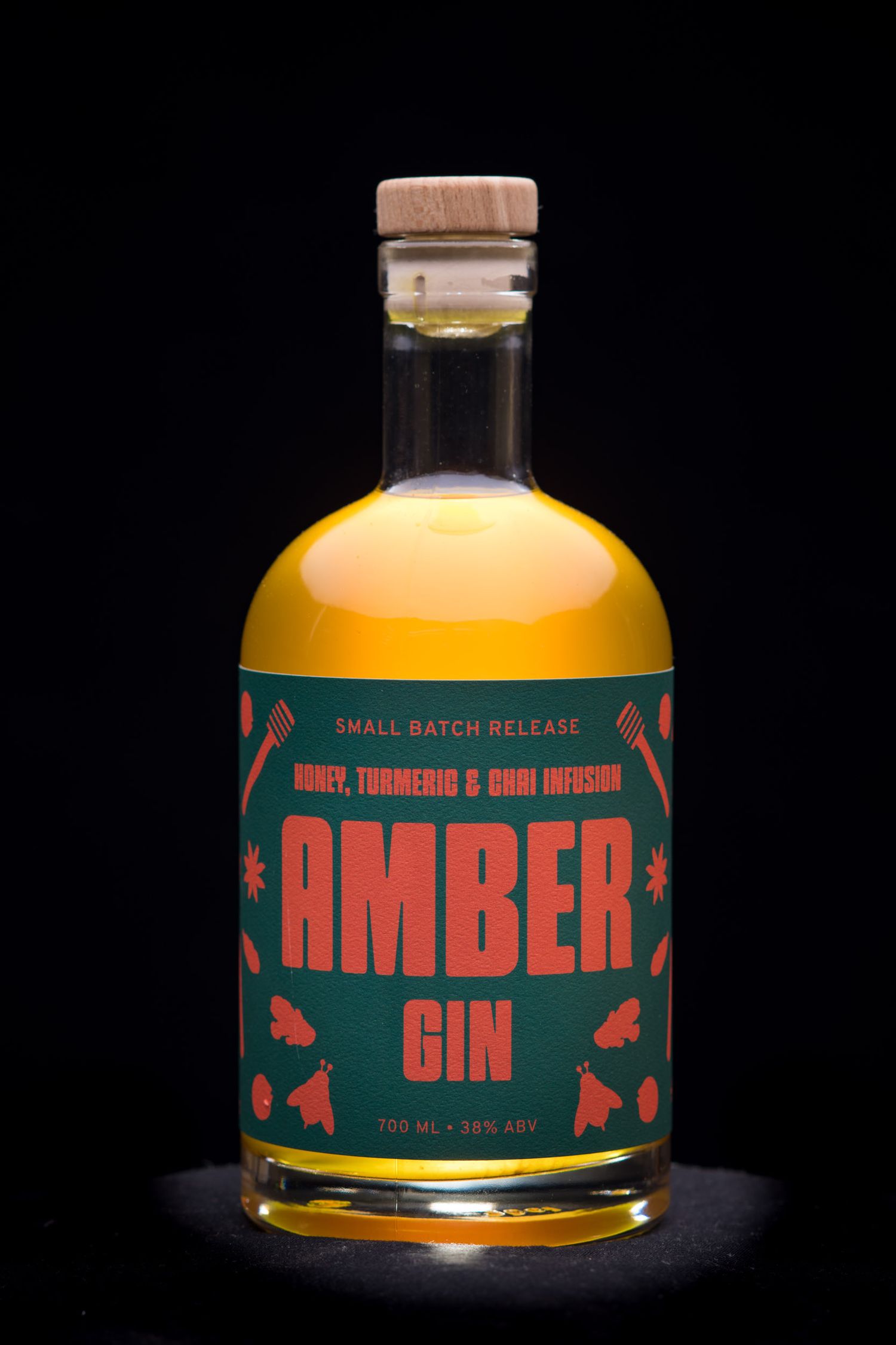 Small batch Amber Gin with honey, turmeric and chai infusion, 700ml bottle.