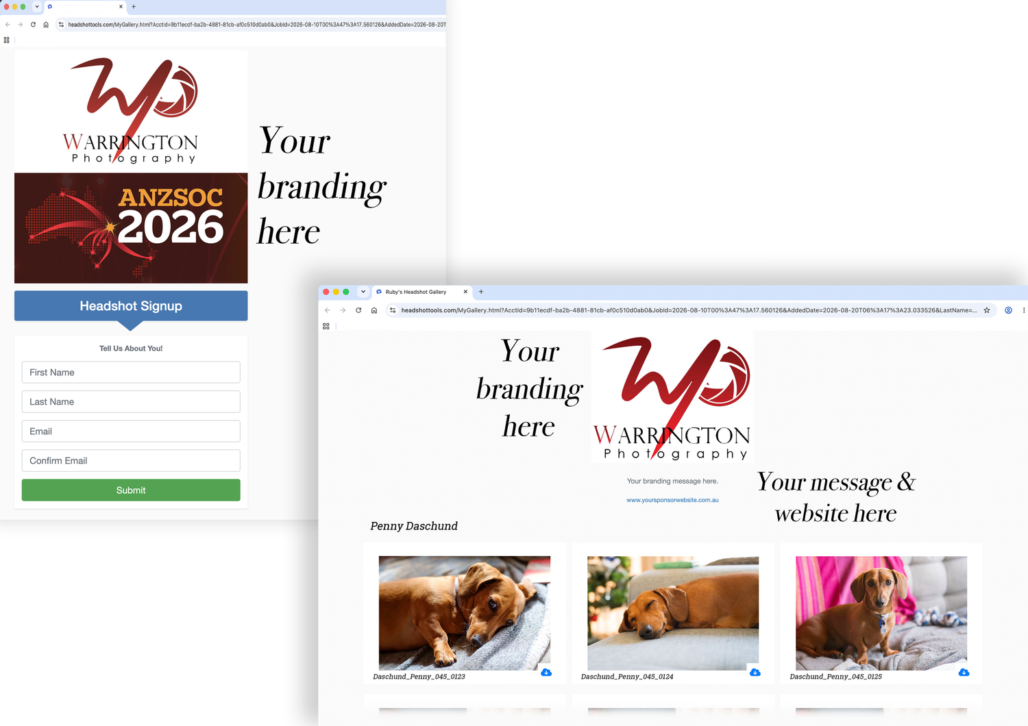 Warrington Photography branded headshot signup form and photo gallery website template side by side.